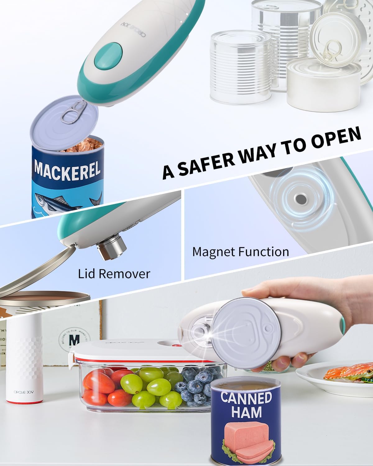 CIRCLE JOY Electric Can Opener, One-Touch Automatic Can Opening with Smooth Edges, Food Safety Handheld Battery-Operated Can Opener for Kitchen and Seniors, Blue