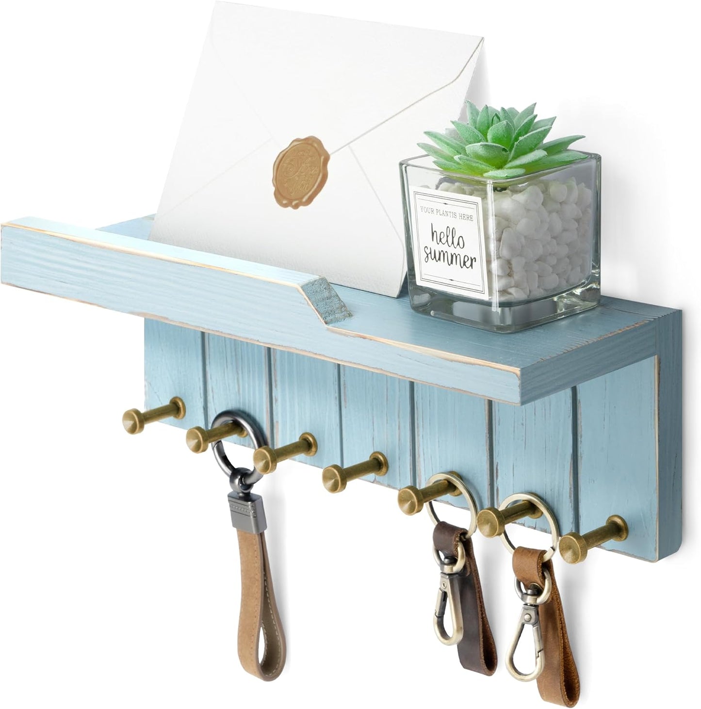 Rebee Vision Key Holder Wall Mount with Shelf for Entryway, Distressed Blue | Key and Mail Holder for Wall, Shelf, 4 Key Hooks, Farmhouse Decor, Room Decor Aesthetic, Compact Home Storage, Wall Organizer