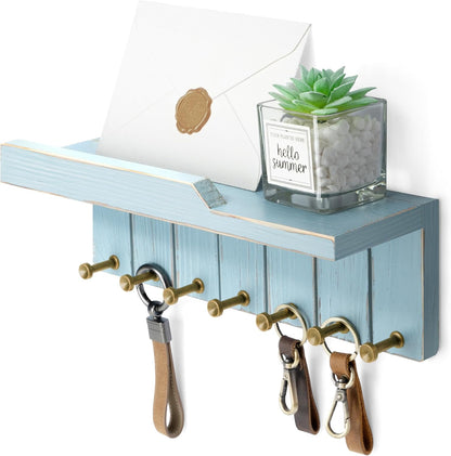 Rebee Vision Key Holder Wall Mount with Shelf for Entryway, Distressed Blue | Key and Mail Holder for Wall, Shelf, 4 Key Hooks, Farmhouse Decor, Room Decor Aesthetic, Compact Home Storage, Wall Organizer