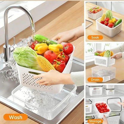 Yuonry 4 in 1 Food Storage Container, Fruit Storage Containers for Fridge, Produce Containers with Lid and Strainer, Including Drain Basket, Multipurpose Large Fruit Container for Fridge(Blue)