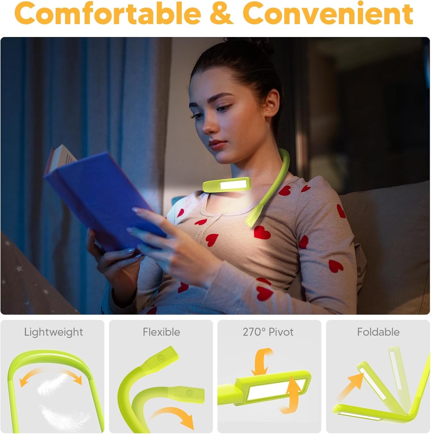 Neck Reading Light Book Lovers Gifts, Rechargeable 80Hrs Eye-friendly 3 Colors & Stepless Dimming Book Light for Reading, Christmas Stocking Stuffers for Men Women Camping Knitting Crochet Accessories