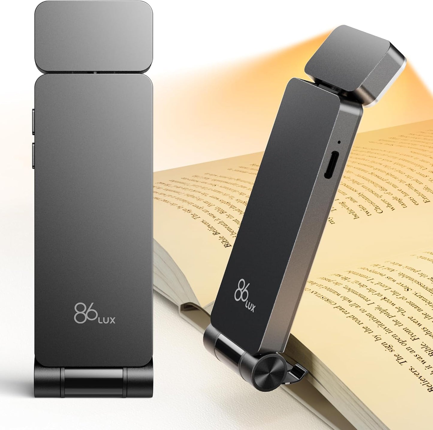 86lux Book Light, Rechargeable Reading Lights for Books in Bed | Ultralight Clip-on LED Bookmark Lamp with 3 Amber Colors & Stepless Dimming for Night Reading for Book Lovers, Ashen