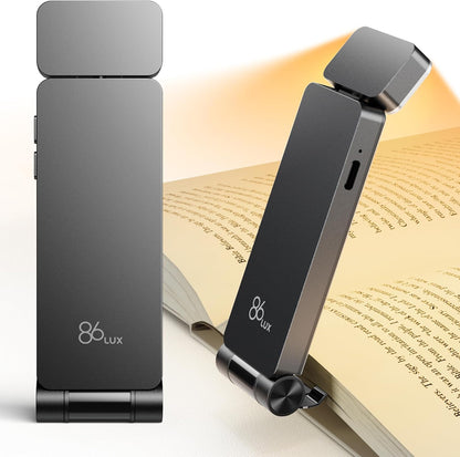 86lux Book Light, Rechargeable Reading Lights for Books in Bed | Ultralight Clip-on LED Bookmark Lamp with 3 Amber Colors & Stepless Dimming for Night Reading for Book Lovers, Ashen