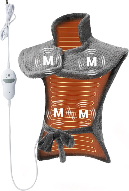Wearable Vibrating Heating Pad for Neck, Shoulders & Back Pain Relief | 24" x 35" Full Back, 4 Massage Modes, 2 Heat Levels, Weighted Edge, Adjustable Straps, Auto Shut Off, Relaxation Gift
