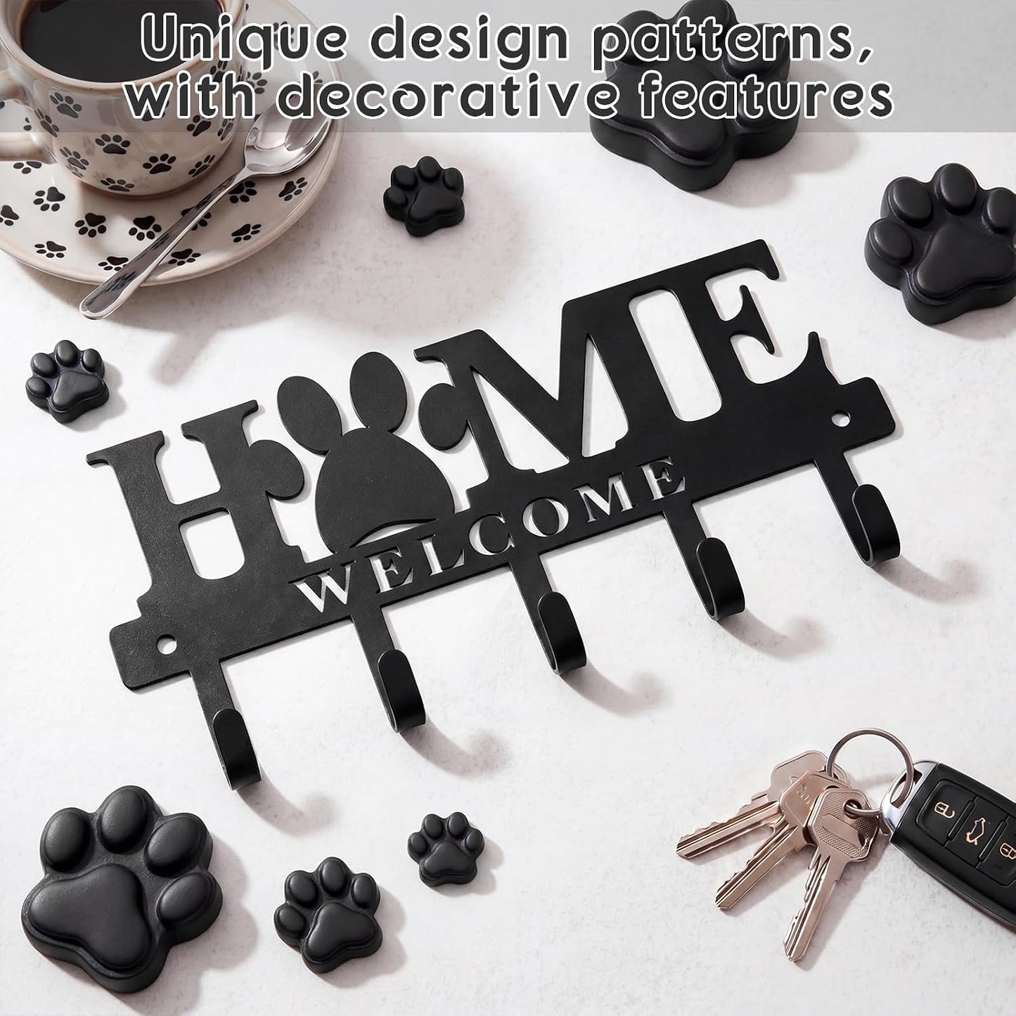 Key Holder Wall Mount Paw Print Metal Key Hooks Organizer Dog Leash Holder with 5 Hooks Rustic Farmhouse Decorative Welcome Home Wall Decor for Entryway Bathroom Dog Lover 9.8 Inch