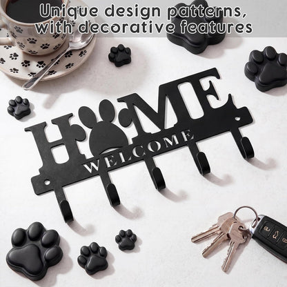 Key Holder Wall Mount Paw Print Metal Key Hooks Organizer Dog Leash Holder with 5 Hooks Rustic Farmhouse Decorative Welcome Home Wall Decor for Entryway Bathroom Dog Lover 9.8 Inch