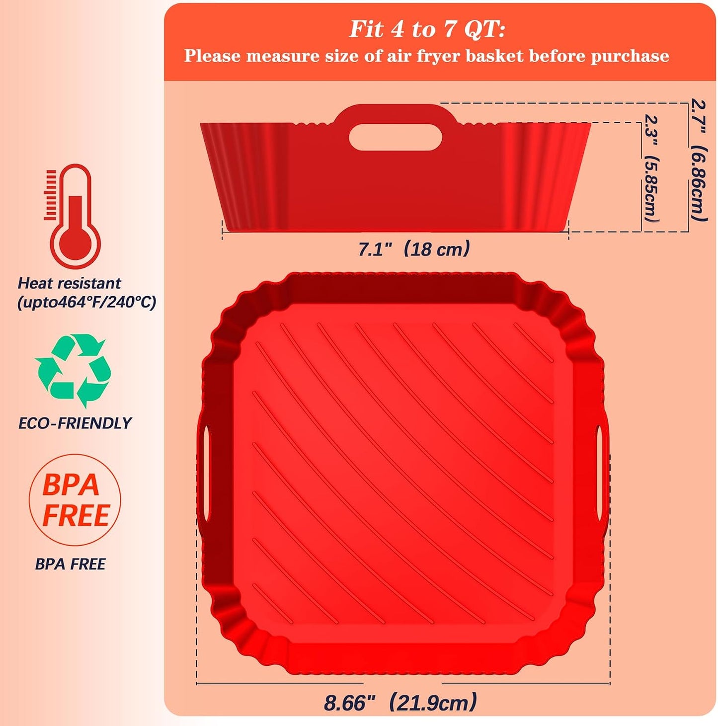 2Pcs Silicone Air Fryer Liners Reusable Square Thickened Airfryer Basket for 4 to 7 QT Baking Tray Accessories Kitchen Gadgets Replacement of Flammable Disposable Parchment Paper