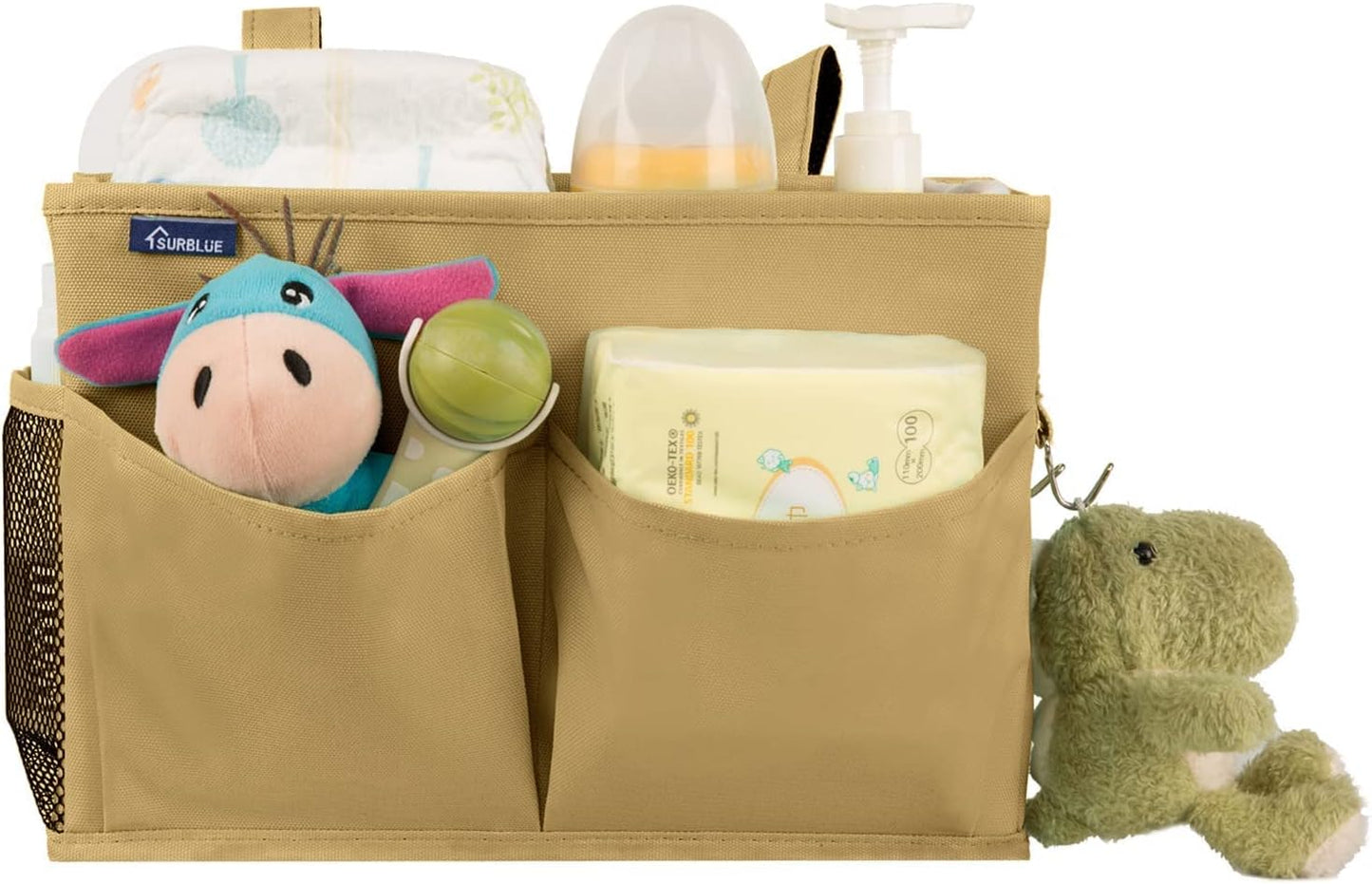 Surblue Bedside Caddy Hanging Organizer Storage Bag Pocket for Bunk, Hospital, College Dorm Rooms, Baby Bed Rails, Camp - 4 Pockets, 2 Hooks (Blue)