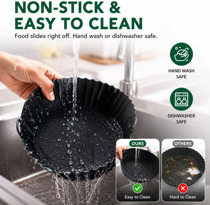 Reusable Silicone Air Fryer Liner, Non-Stick Basket Liner, BPA Free Food Grade Silicone, Dishwasher Safe, Heat Resistant up to 450°F, Fits Most Air Fryers, 8 Inch, Black