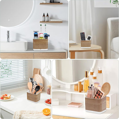 Bathroom Toothbrush Holders, Toothbrush and Toothpaste Holder (Wood Grain) | Easy To Clean, Drainage, Removable, Non-Slip, 4 Slots Tooth Brush Holder for Bathroom Countertop Organizer