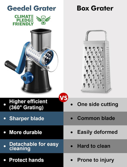 Geedel Rotary Cheese Grater, Kitchen Mandoline Vegetable Slicer with 3 Interchangeable Blades, Easy to Clean Rotary Grater Slicer for Fruit, Vegetables, Nuts | 3 Blades, 430 Stainless Steel, 12x Fast Cutting, Strong Suction Base, No BPA, Dishwasher Safe,