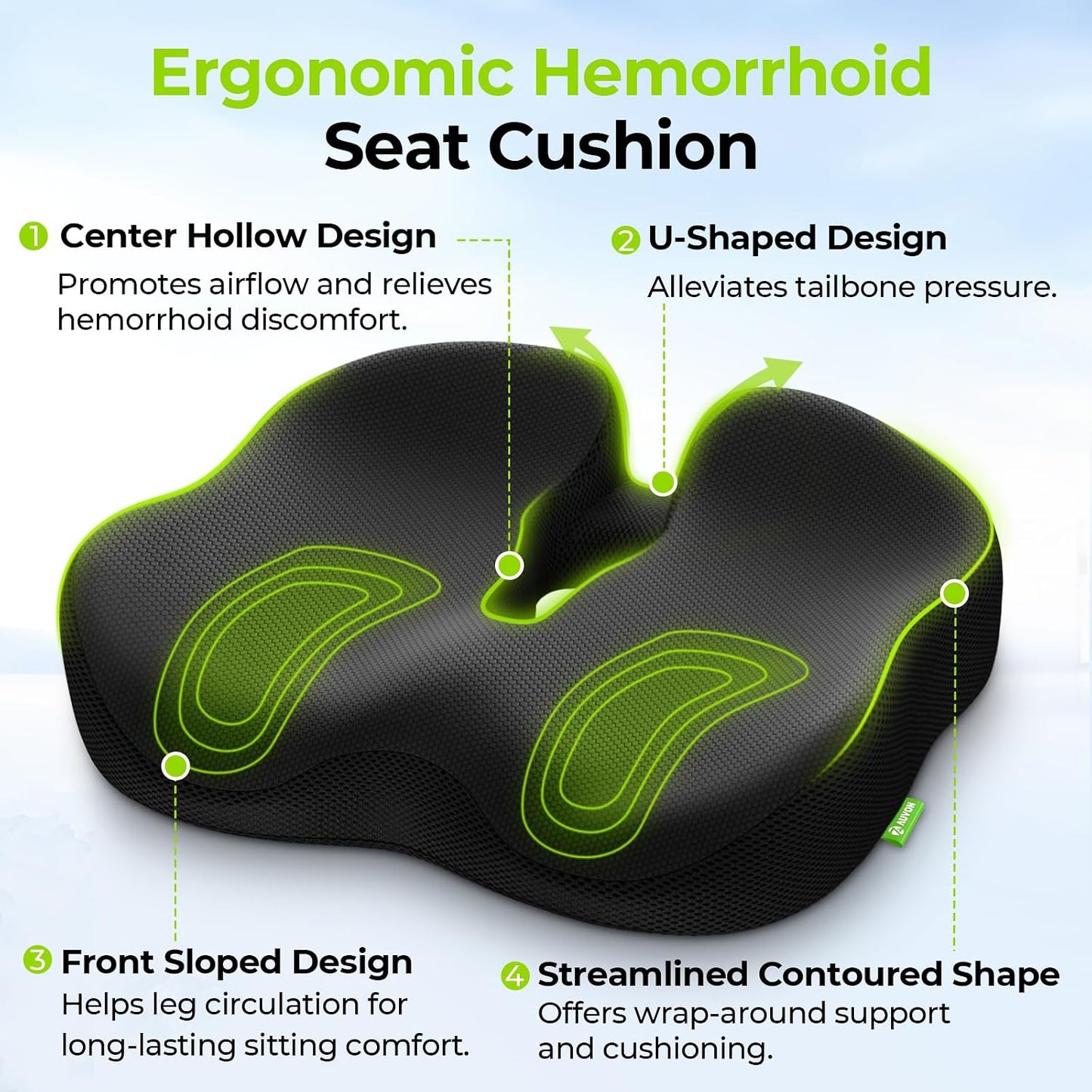 AUVON Ergonomic Donut Pillow Seat Cushion for Hemorrhoid & Back Pain Relief | Thick Memory Foam Chair Cushion with Firm Support for Tailbone, Sciatica, Pregnancy, Thigh Slope Design for Sitting Comfort