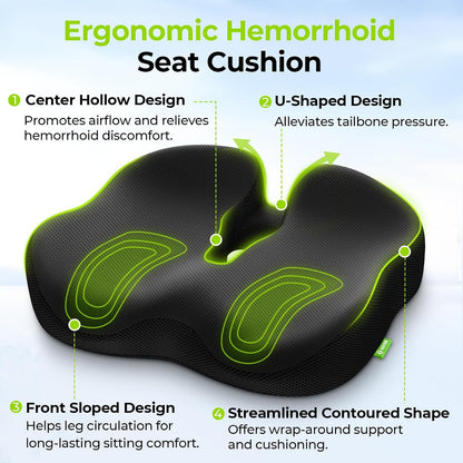 AUVON Ergonomic Donut Pillow Seat Cushion for Hemorrhoid & Back Pain Relief | Thick Memory Foam Chair Cushion with Firm Support for Tailbone, Sciatica, Pregnancy, Thigh Slope Design for Sitting Comfort