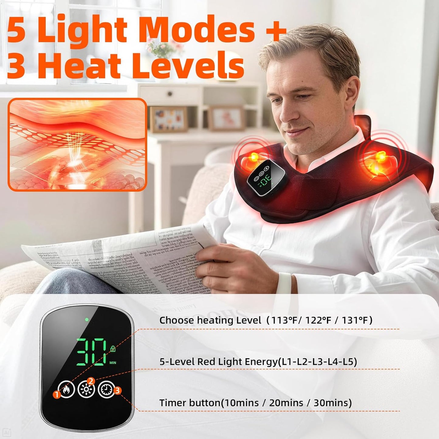 Red Light Therapy Neck Shoulder Wrap, 108 LEDs Cordless Heating Pad | Lightweight wearable fabric, for neck shoulder upper back, 660nm 850nm near infrared light therapy, heat massage relaxation