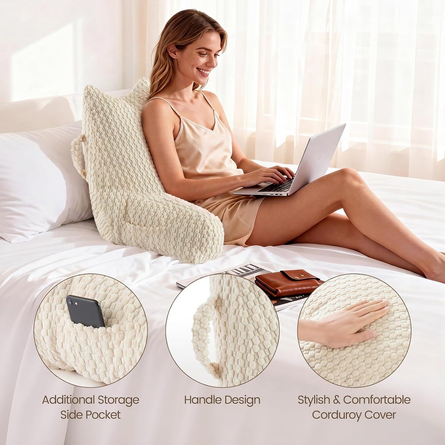 Standard Reading Pillow for Bed Sitting Up, Backrest Pillow with Shredded Memory Foam Filling, Back Support Cushion, Bed Rest Pillow with Arms, Pockets and Washable Cover-Grey