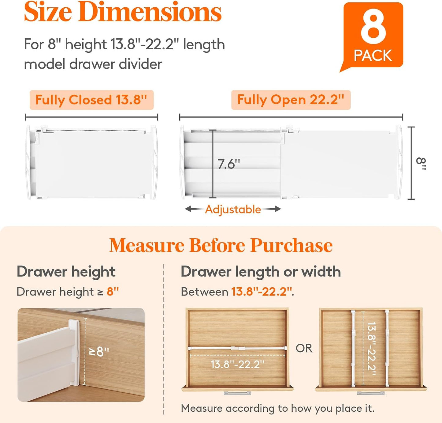Lifewit 8" Tall Drawer Dividers, Adjustable Deep Drawer Organizer Clothes | 4 Pack 13.8"-22.2" Expandable White Plastic Separators for Dresser, Kitchen, Cabinet, Closet, Office Organization & Storage