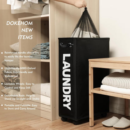 DOKEHOM 25" Slim Rolling Laundry Basket Hamper, Narrow on Wheels, Grey | Collapsible narrow laundry hamper with mesh drawstring closure. Foldable corner clothes storage bin for small spaces