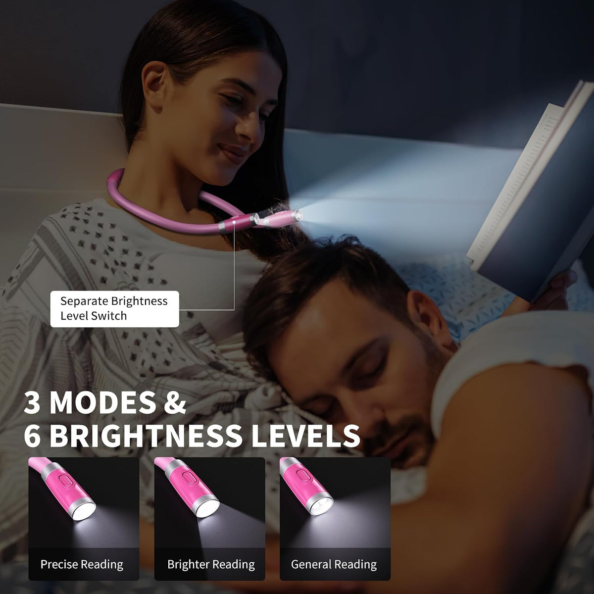 LUXJET Neck Reading Light & Book Light for Reading in Bed - Hands Free, 3 Colors & 6 Brightness Levels, 360° Flexible Arms, 80-Hour Rechargeable - Reading, Knitting, Camping, Repairing