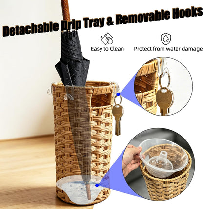Rattan Umbrella Stand with Drip Tray - Hand Woven Entryway Umbrella Holder | Freestanding Small Rattan Rack Organizer with 4 Hooks for Folding Umbrellas & Canes, 7.5"L x 7.5"W x 16.5"H