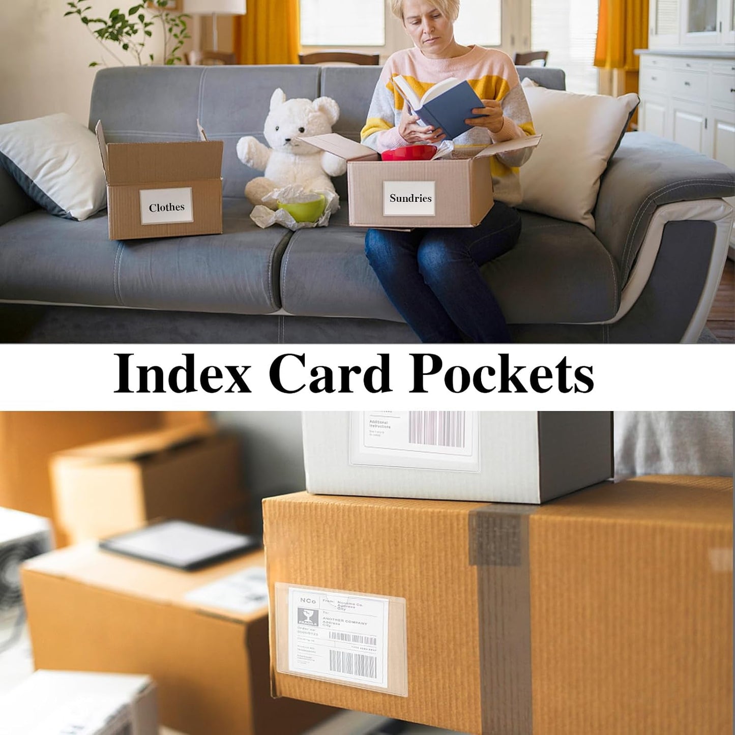 36 Pack 3" x 5" Adhesive Index Card Holders Clear PVC Label Holders | Top-loading label pockets, removable adhesive, clear PVC, for bins, shelves, totes, library and office use