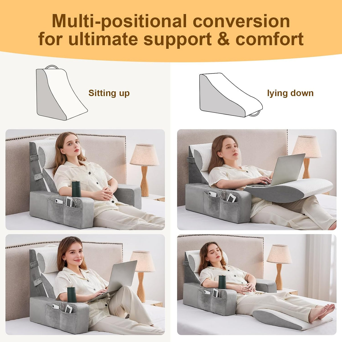 Reading Pillow for Sitting in Bed Adult, Back Pillow for Bed Sitting up with Arms, Pockets and Cup holder, Sit Up Backrest Pillows for Beds Chair Support, Rest Pillow for Gaming (Light gray)