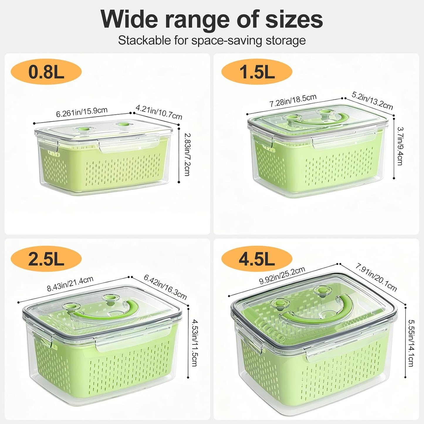 YudouTech 4 PCS Fruit Storage Containers for Fridge-Features removable Colander,All-in-One Fruit Washing Bowl & Colander,Microwave/Dishwasher Safe for Berry,Lettuce,Salad & Meat Fresh Longer,Green