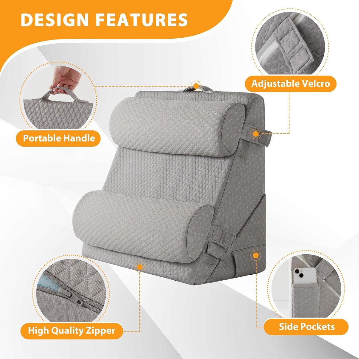 Ruqmuis Wedge Pillow Set for After Surgery, 3PCS Adjustable 9&12 Inch Bed Wedge Pillow for Sleeping, Incline Pillow Wedge for Headboard, Post Surgery, Acid Reflux, Neck&Back Support, White/Grey