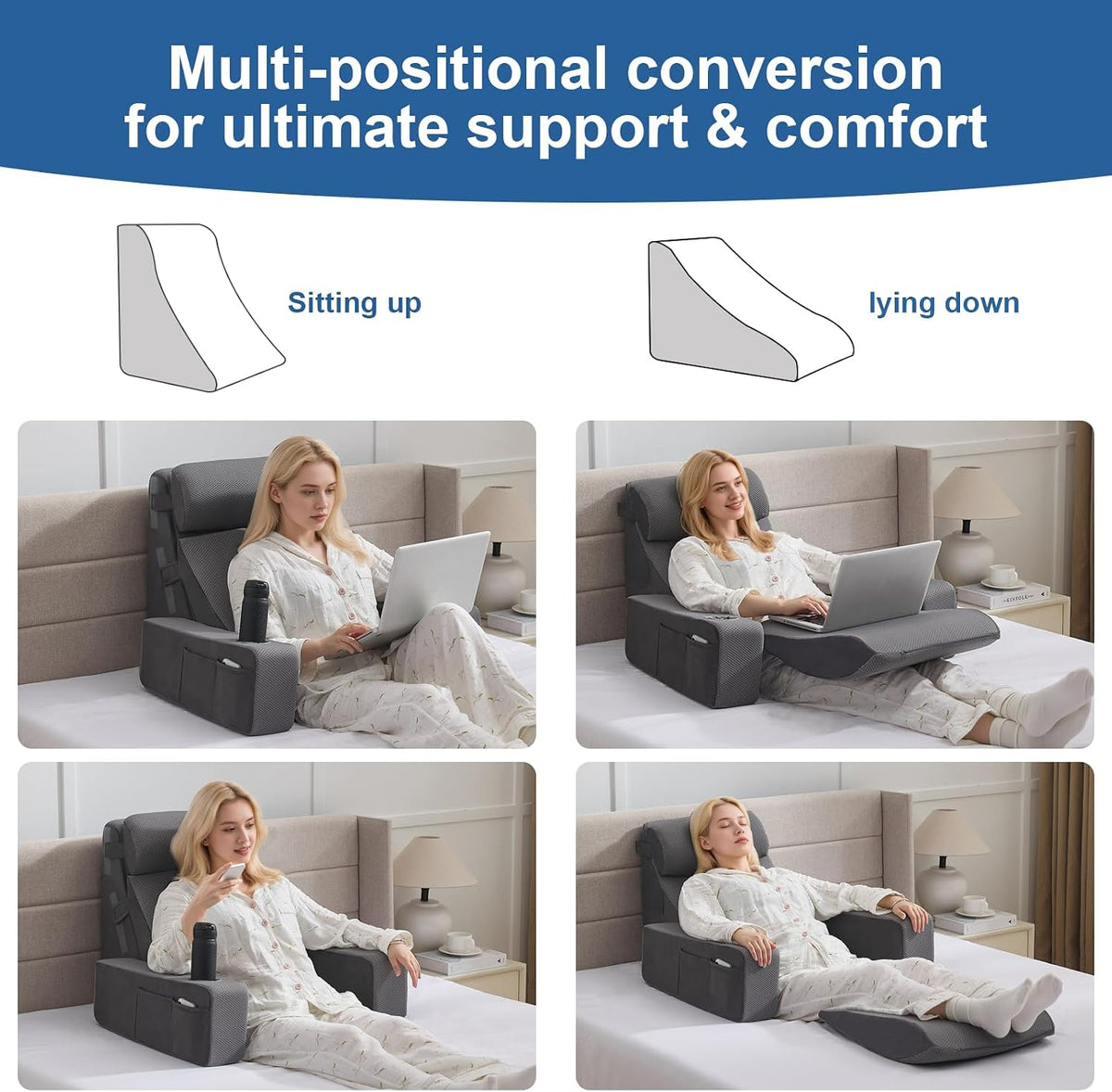 Reading Pillow for Sitting in Bed Adult, Back Pillow for Bed Sitting up with Arms, Pockets and Cup holder, Sit Up Backrest Pillows for Beds Chair Support, Rest Pillow for Gaming (Light gray)
