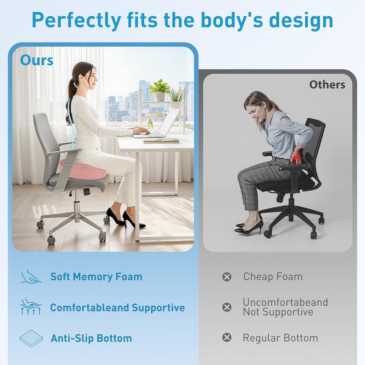 BlissTrends Memory Foam Seat Cushion for Office Chair & Car Seat, Black | 4.7in Ergonomic Tailbone & Sciatica Support with Removable Velvet Cover for Pressure Relief and Long Sitting Comfort