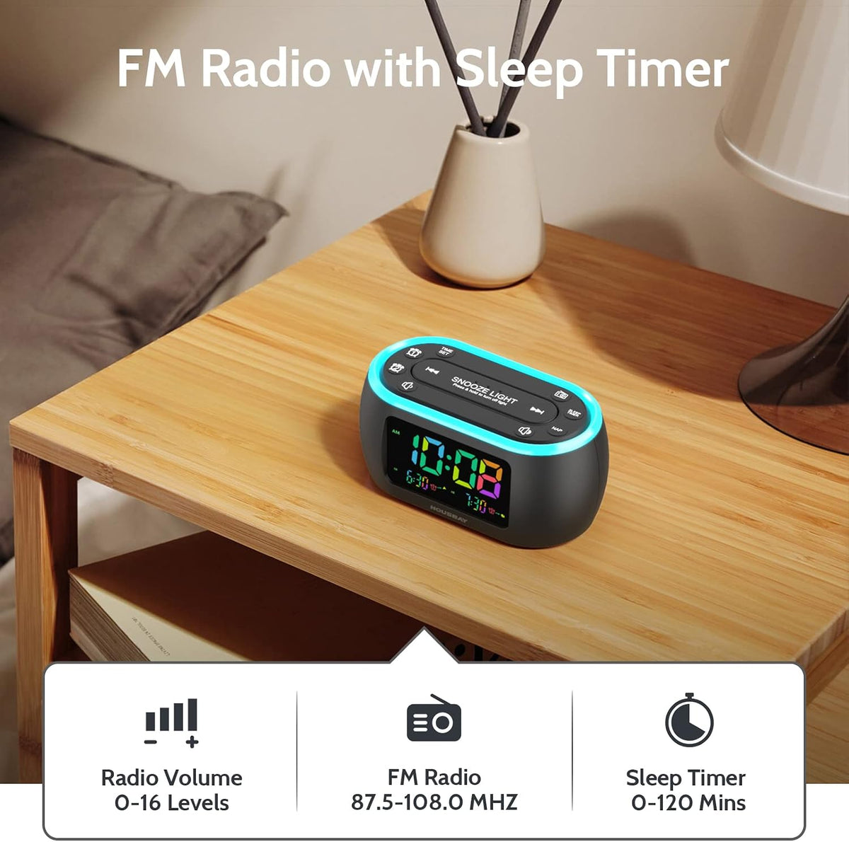 HOUSBAY Digital Alarm Clock Radio for Bedrooms with Night Light