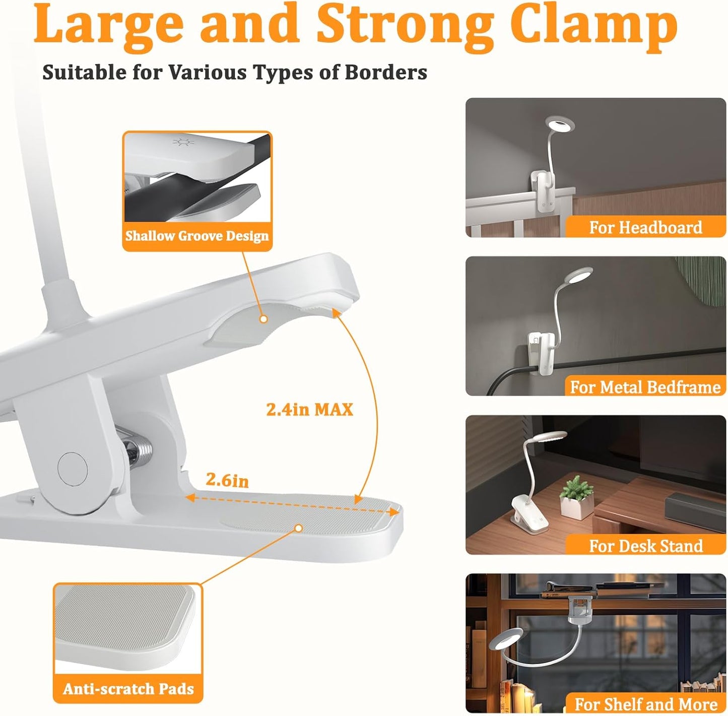 Rechargeable Clip Light, LED Bed Reading Lamp for Headboard & Desk | Strong Clamp, Portable, Cordless Battery Book Light w/ USB-C Cable, 25 Eye-Care Lighting Modes, Flexible Arm, Dorm Bunk Bed