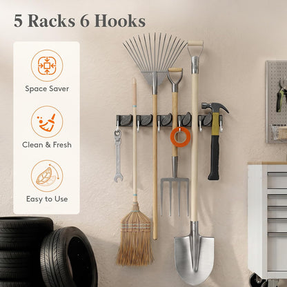 Lifewit Mop and Broom Holder Organizer Wall Mount Non-Slip, 1 Pack, Black | Easy Install One Handed Push Cleaning Tool Hanger with 6 Hooks 5 Slots, Heavy Duty Hanging Utility Rack for Garden, Garage
