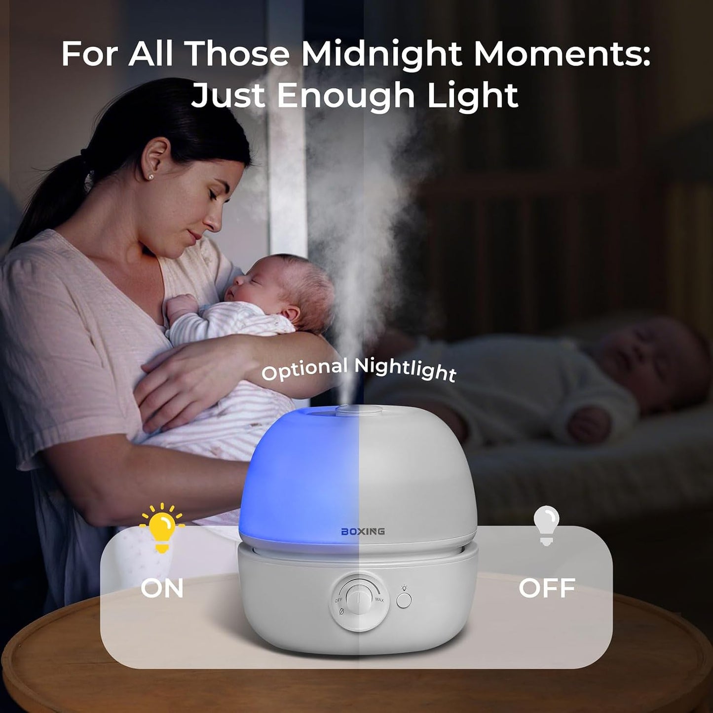 BOXING 3L Top Fill Humidifiers for Bedroom, 20dB Quiet Air Humidifier for Large Room & Indoor Plants with Optional Night Light, Cool Mist Diffuser for Home, Essential Oil Tray, BPA-Free,White,30H