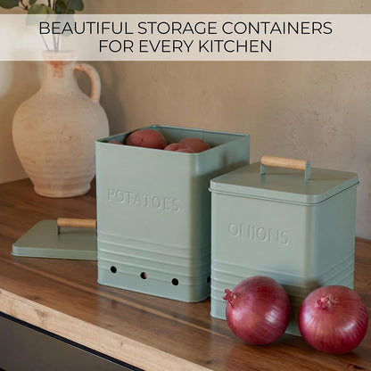 Beautiful Potato and Onion Storage Container Set - Food Safe Metal Bins | Spacious 10.1" and 8.9" Canisters for Your Kitchen Counter or Pantry - Keeps Produce Fresh Longer