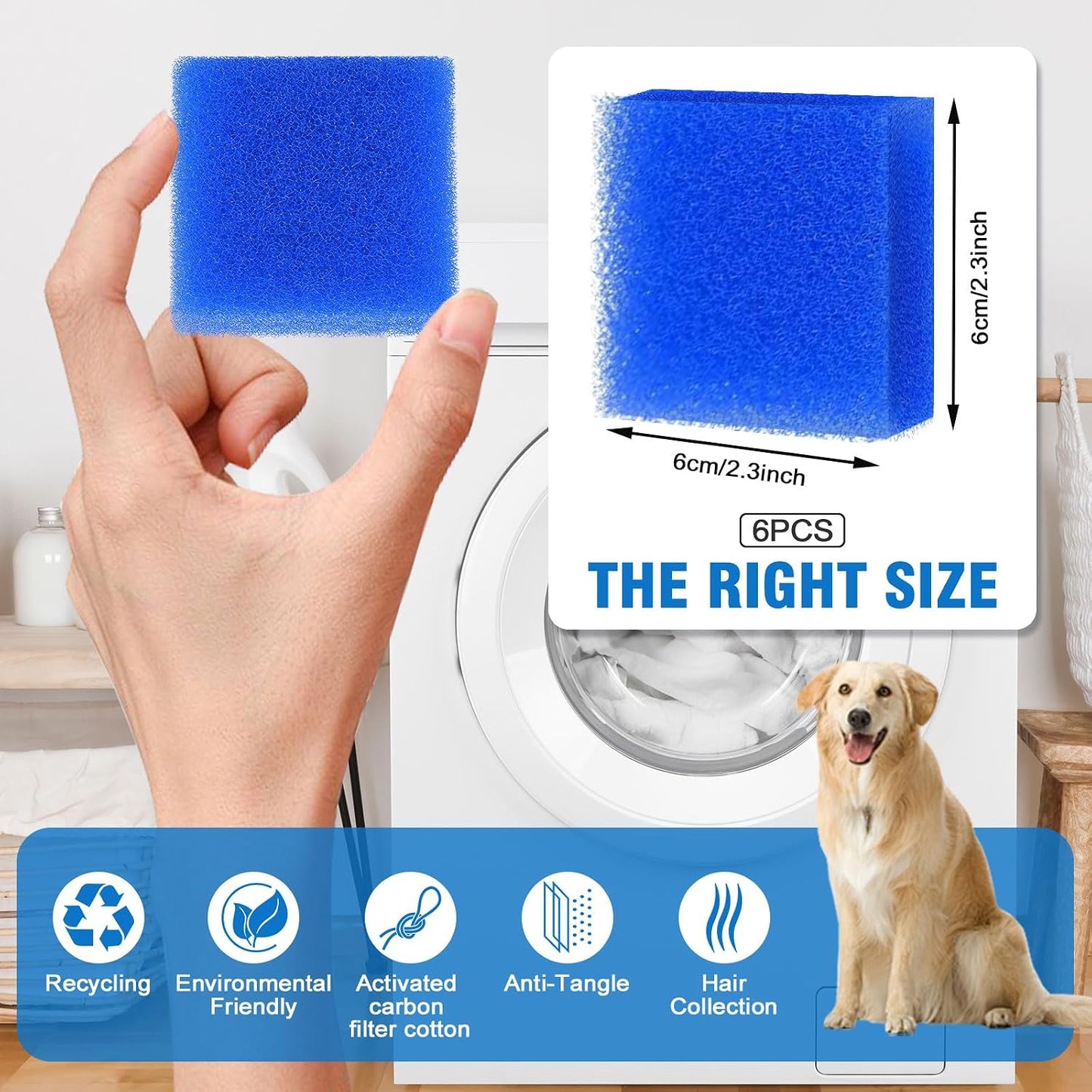 Pet Hair Remover for Laundry, Pet Hair Catcher for Washing Machine (6 Pack) | Reusable floating fur filter captures dog & cat hair, lint & dander, fits front & top load washers, prevents drain clogs