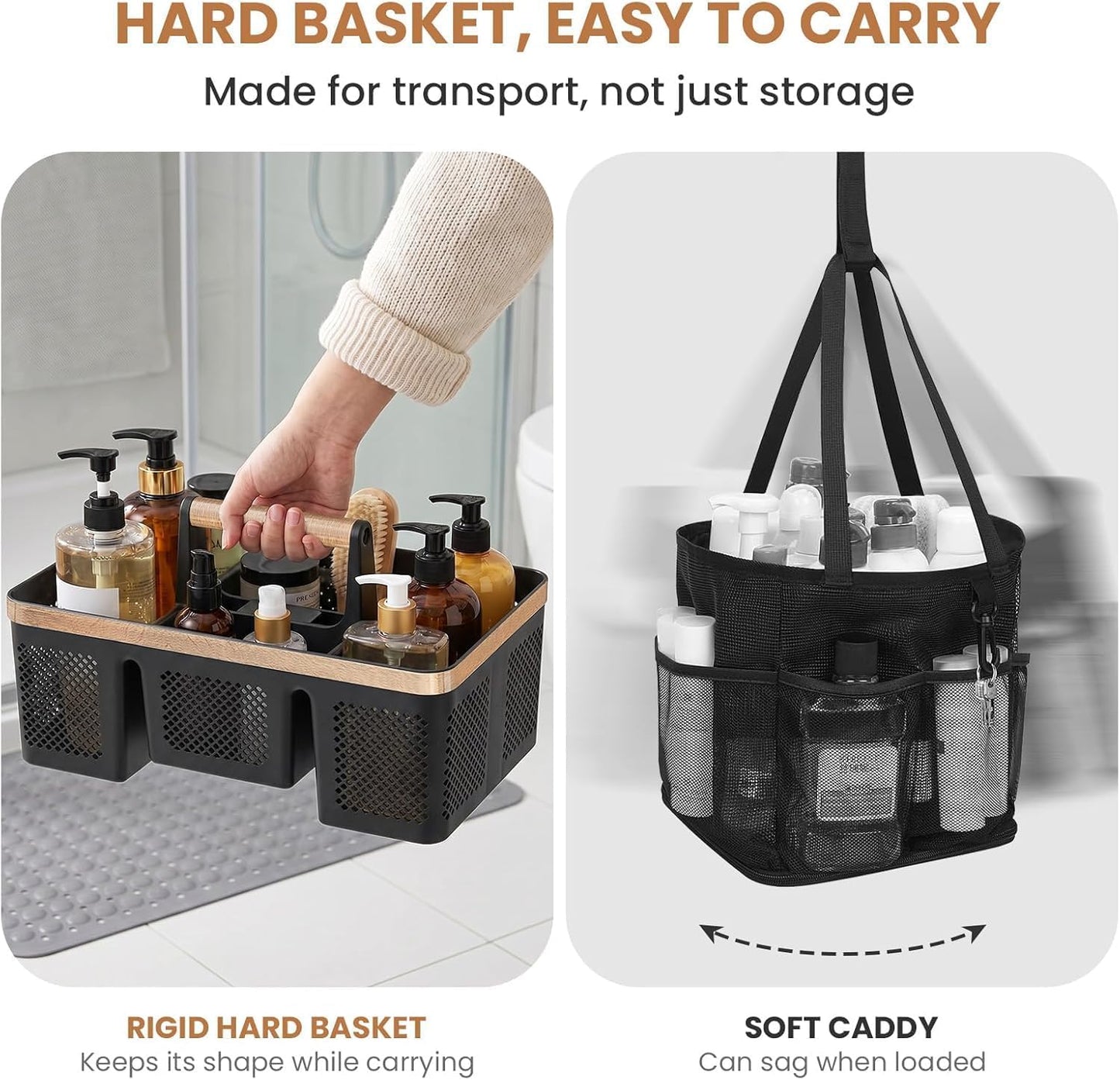 BYUNER Portable Cleaning & Shower Caddy with Handle: Rigid Plastic Basket with 4 Divided Compartments, All-Side Drainage for College Dorm, Bathroom & Utility Use, Black/Gold