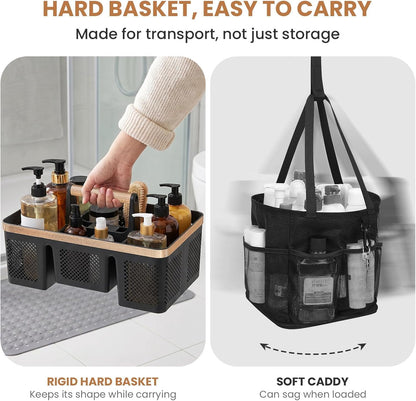 BYUNER Portable Cleaning & Shower Caddy with Handle: Rigid Plastic Basket with 4 Divided Compartments, All-Side Drainage for College Dorm, Bathroom & Utility Use, Black/Gold