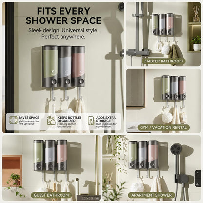Shampoo and Conditioner Dispenser Wall Mounted with Hooks, 3-Chamber 1200ML Shower Soap Dispenser, No-Drill Bathroom Shower Organizer for Shampoo, Conditioner, Body Wash（Gun Grey）