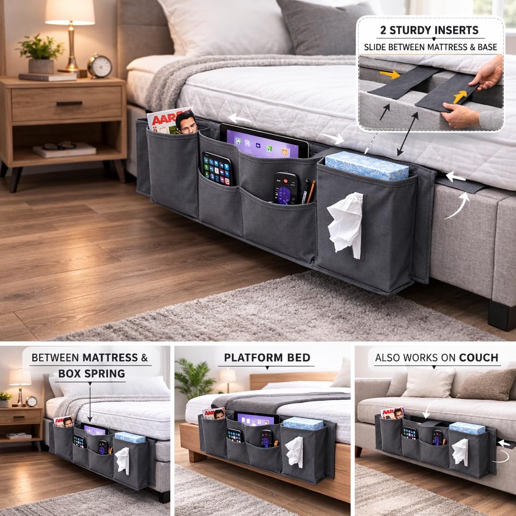 Dependable Industries inc. Essentials Bedside Caddy Organizer 5 Pocket Hanging Bed Storage Pouch for Couch Dorm Bunk Bed Platform Bed, Remote Phone Tablet Tissue Holder, Oxford Fabric, Gray