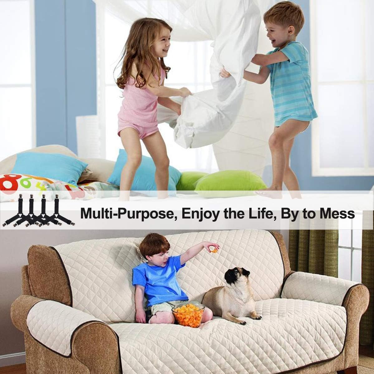 Bed Sheet Holders Straps Fasteners - 4 Pcs 3 Ways Sheet Fasteners Fitted Sheet Corner Grippers Holder Elastic Adjustable Sheet Clip Hooks Suspenders Straps(Black Triangle)