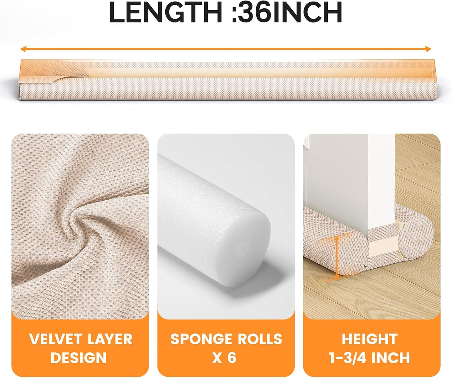 fowong Door Draft Stopper, 36" Adjustable Under Door Noise Stopper, Grey | Durable Door Draft Blocker Helps to Seal Door Gaps, Reduce Drafts, Noise, Dust & Light, Fit Doors 30"–36", Easy to Install