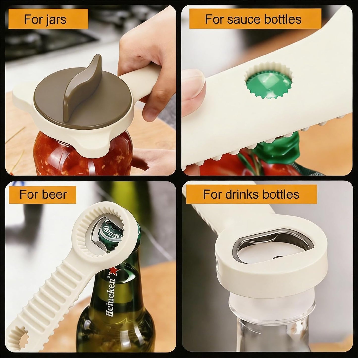 4-in-1 Jar Opener for Weak Hands, Adjustable Lid & Bottle Opener Black | Ergonomic non-slip grip for arthritis hands, opens jars bottles cans, adjustable multi-size lid remover, durable kitchen tool