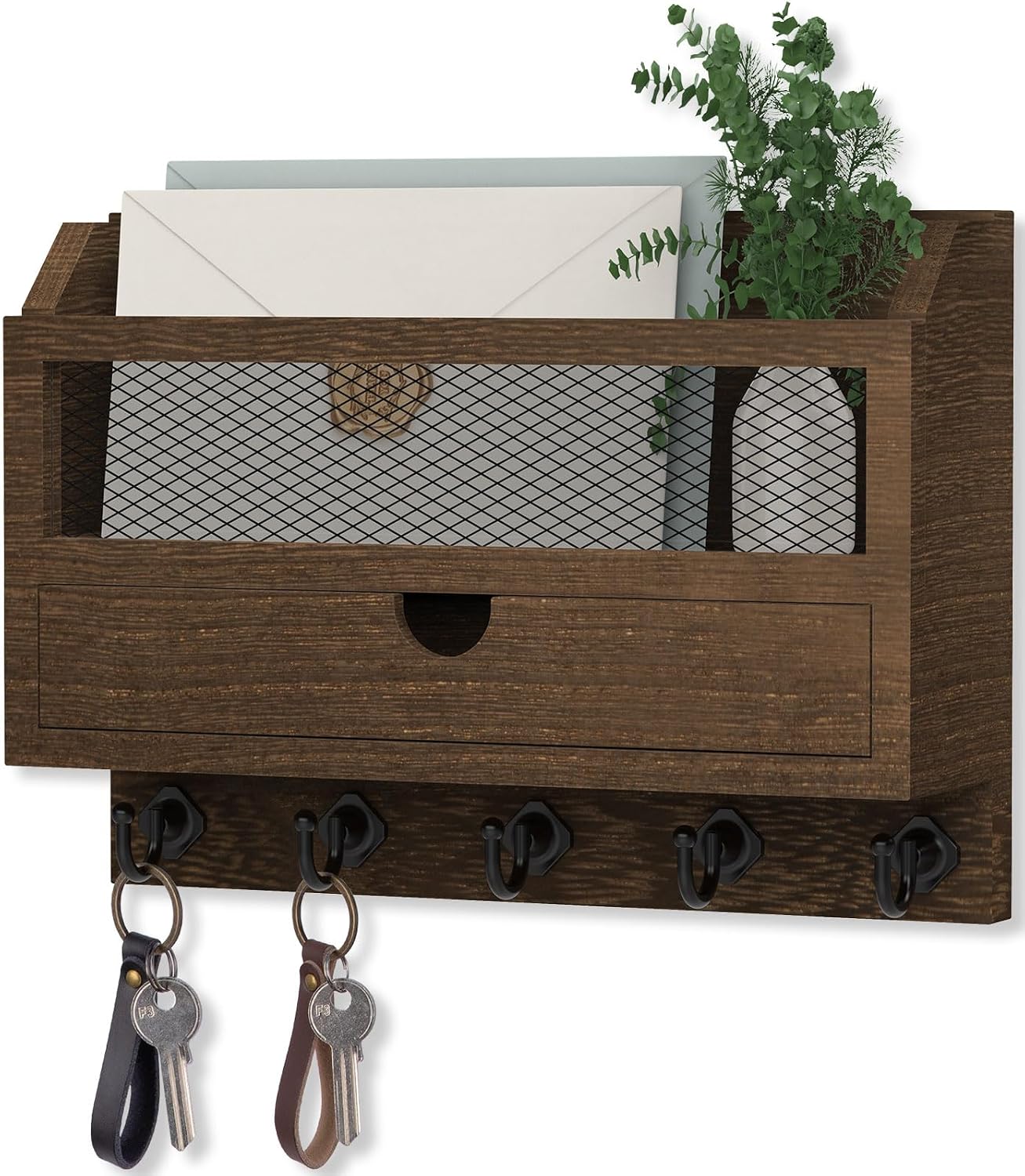 Nekon Key and Mail Holder for Wall, Key Organizer with Drawer, White | 11"W x 7.9"H x 3.1"D Wooden Key Rack with 5 Hooks, Mail Organizer for Home Decor