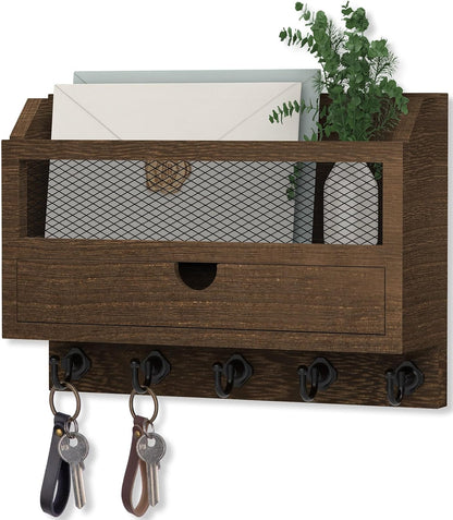 Nekon Key and Mail Holder for Wall, Key Organizer with Drawer, White | 11"W x 7.9"H x 3.1"D Wooden Key Rack with 5 Hooks, Mail Organizer for Home Decor