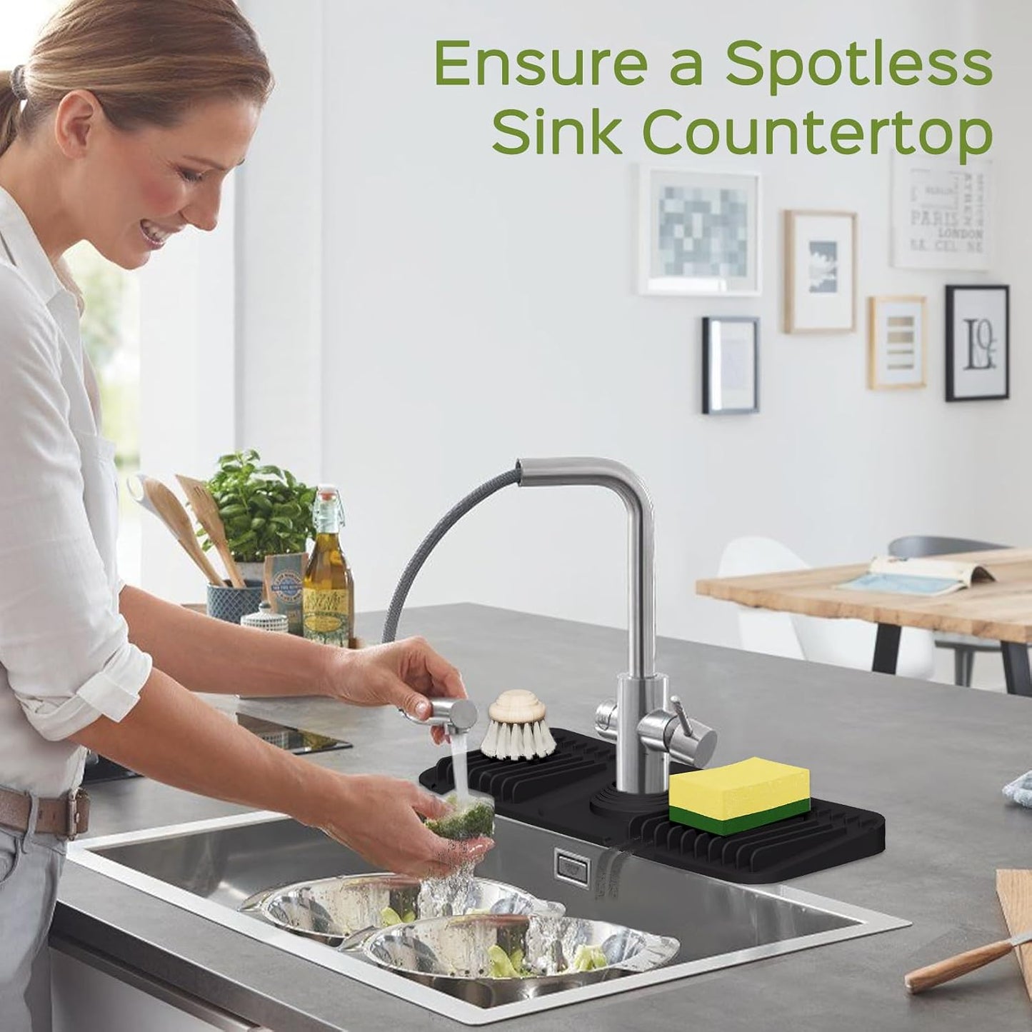 24 Inch Silicone Faucet Mat for Kitchen Sink Splash Guard – Upgraded Draining Mat with Water Tray Behind Faucet – Countertop Protectors to Catch Spills (Black, 24" x 5.5" )