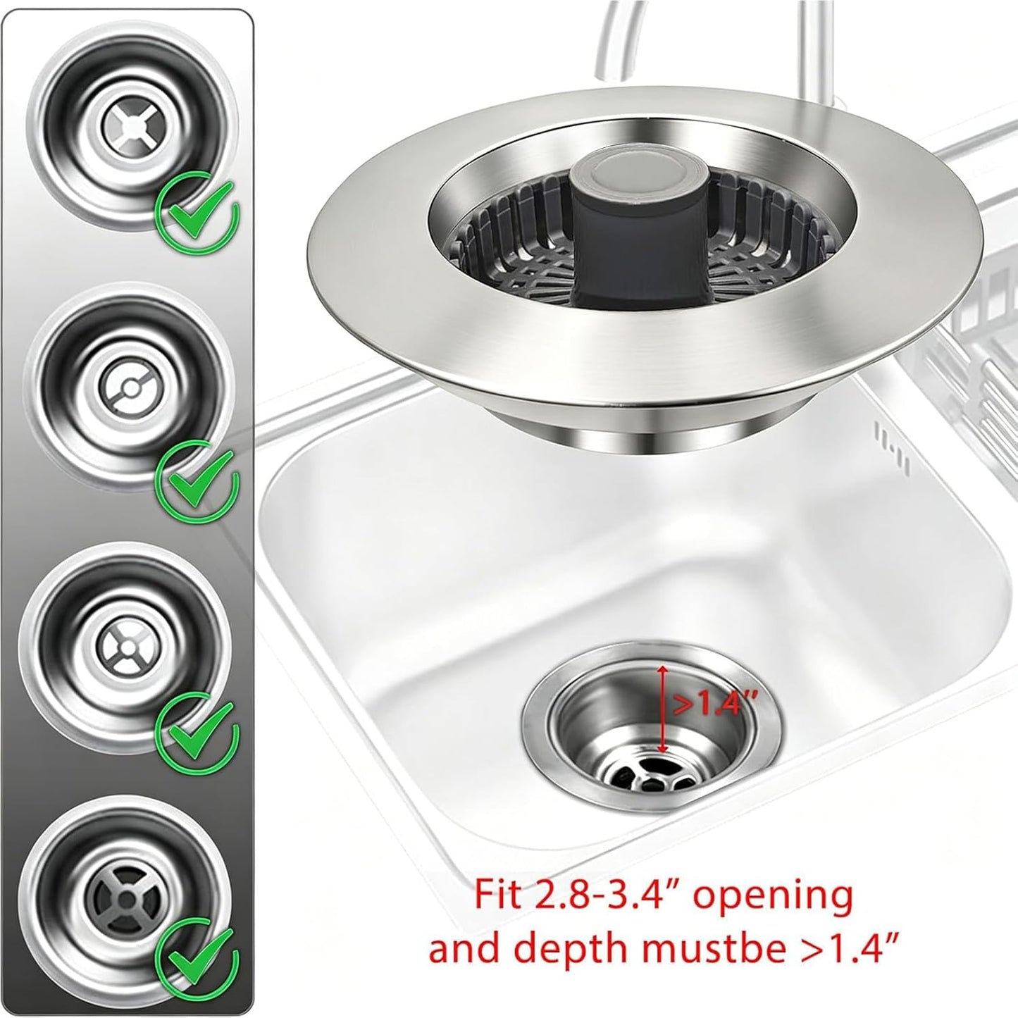 BAOLSLS 3 in 1 Kitchen Sink Stopper, Pop Up Kitchen Sink Drain Strainer | with An Extra Basket Strainer, Kitchen Sink Drain Stopper for US Standard 3-1/2 Inch, Chrome Silver