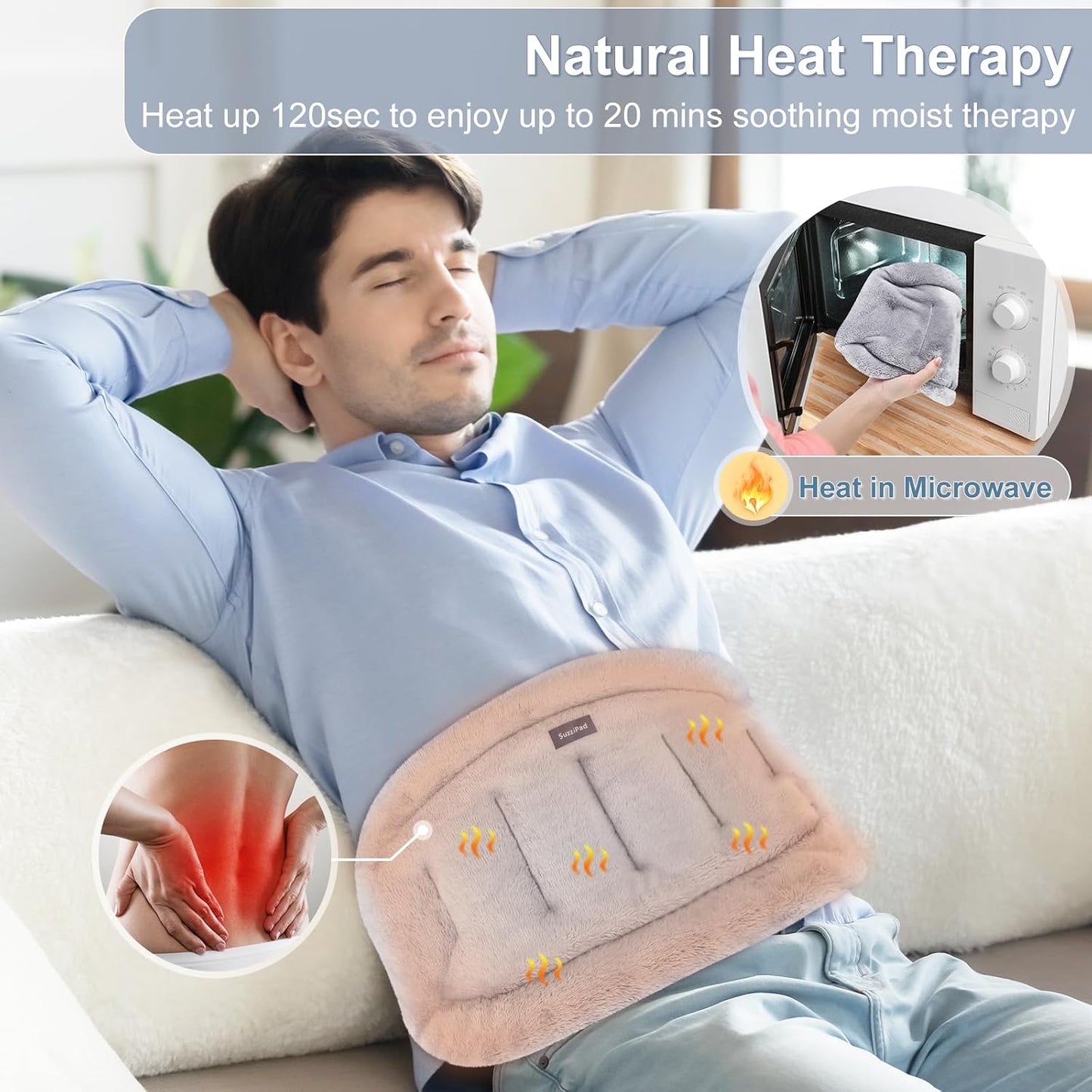 SuzziPad Microwave Heating Pad for Back and Lumbar Discomfort, Microwavable Heating Pads with Moist Heat, Hands-Free Heat Wraps for Back, Stomach and Neck, Warm Compress for Daily Relaxation
