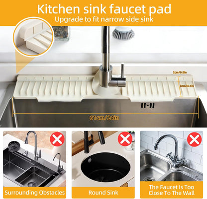 24" Silicone Sink Mat for Kitchen(Released in 2026), Beige | 8° Slope for Quick Self-draining, Sink Splash Guard Behind the Faucet, Narrow Water Splash Guard, for Kitchen&Bathroom Area