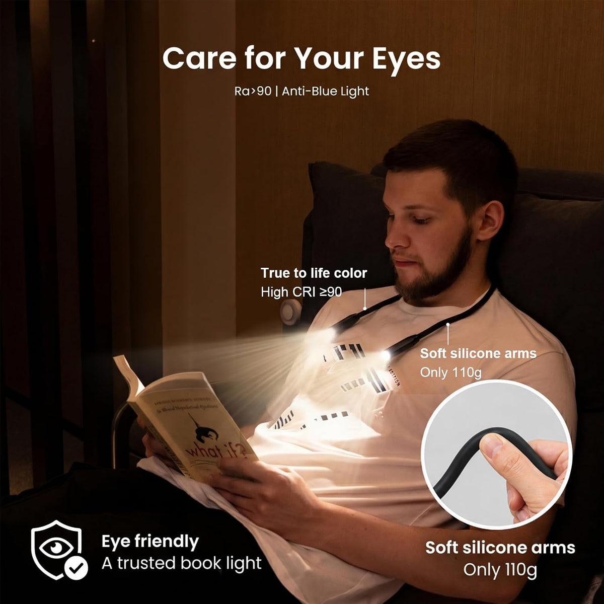 YEELIGHT Neck Light for Reading at Night, 3-Color & 4-Brightness Book Light, Rechargeable 1000mAh USB-C Reading Light, Ultra-Light Weight 110g Hands Free for Bed, Knitting, Repairing