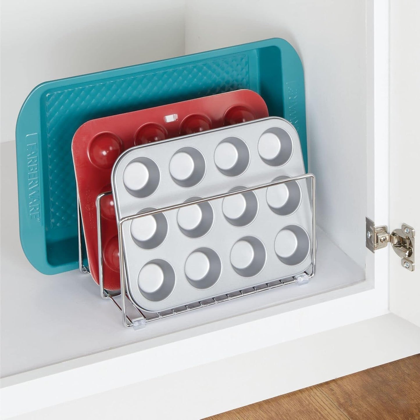 mDesign 3 Slot Tray and Pan Rack — Metal Wire Rack for Pantry and Kitchen Storage — Freestanding Pan Lid Holder Also for Baking Trays and Crockery – Silver